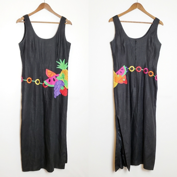 Vintage Dresses & Skirts - VINTAGE MOD LINEN FRUIT DRESS HIGH SLIT XS/S